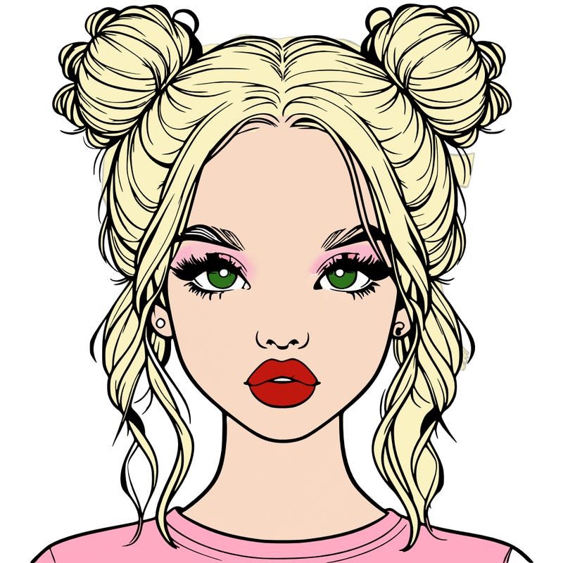 realistic girl with two buns in hair and lips