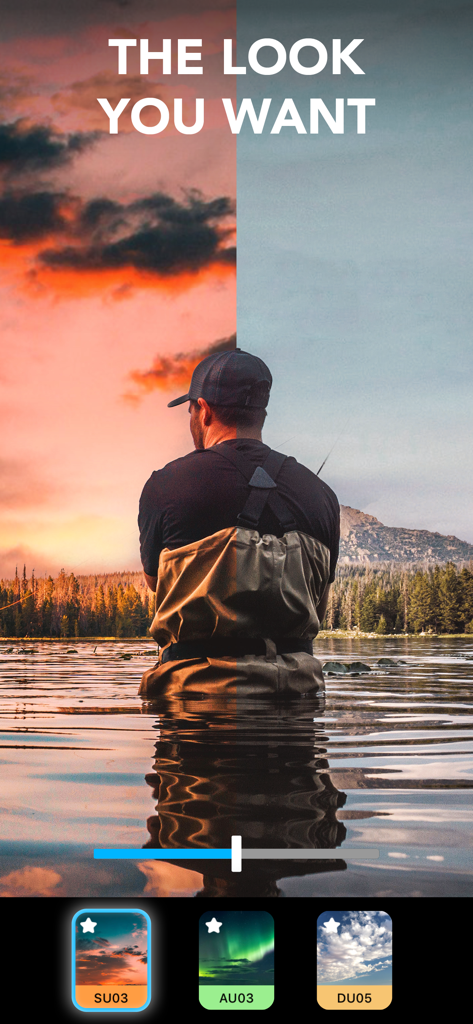 Vorher-Nachher-Vergleich eines Fotos, das die Ersetzung eines stumpfen Himmels durch einen lebendigen Sonnenuntergang mit Lightleap zeigt