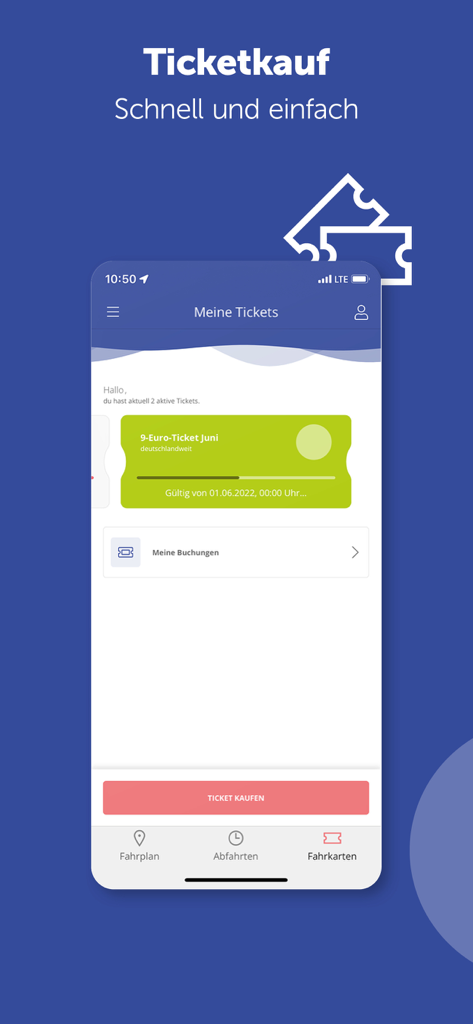 AVV connect - A mobile screen from the AVV connect naveo app showing a digital transit ticket and a button to purchase new tickets.