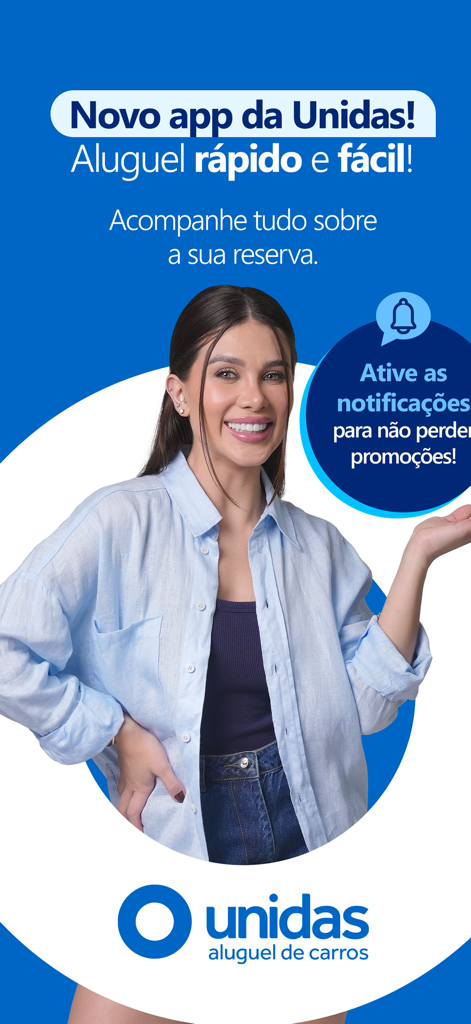 빠른 렌탈 및 예약 추적에 대한 텍스트와 함께 웃는 여성의 모습을 특징으로 하는 Unidas 렌터카 앱의 프로모션 화면