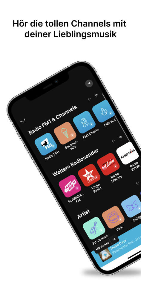 Interfaz de la aplicación Radio FM1 mostrando una lista de diferentes estaciones de radio y canales de música.