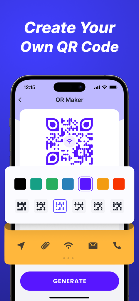 다양한 색상 및 패턴 옵션이 있는 맞춤 QR 코드 생성기를 보여주는 스마트폰 화면