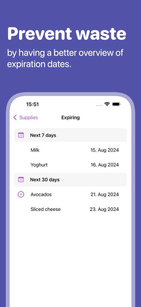 Supplies - home inventory app - Supplies app screen displaying upcoming food expiration dates for items like milk and yogurt to prevent waste.