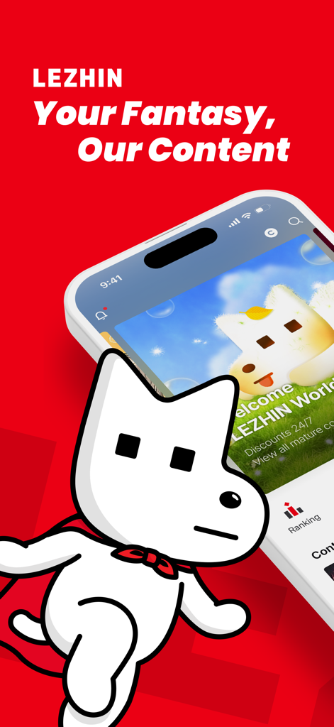 Lezhin Comics-Premium Webtoons - Lezhin Comics promotional screen featuring a white mascot character in a red cape and the slogan Your Fantasy Our Content.