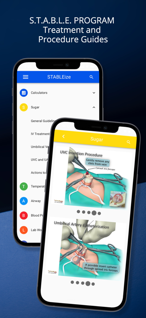 STABLEize - The STABLE Program - STABLEizeアプリのメニューとUVC挿入のための新生児医療処置イラストを示す2台のiPhone