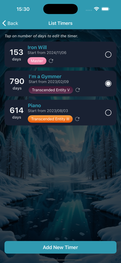Iron Will: Quit your addiction - Screenshot of the Iron Will app showing a list of active habit and sobriety timers with day counts and achievement ranks.