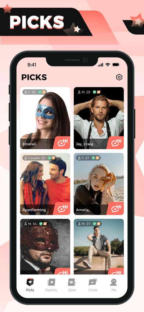 A screenshot of the KinkLife app Picks screen showing a grid of diverse profiles for alternative lifestyle dating.