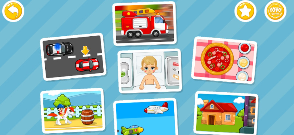 Menu di gioco educativo per bambini con icone di diverse professioni come dottore, pilota e poliziotto