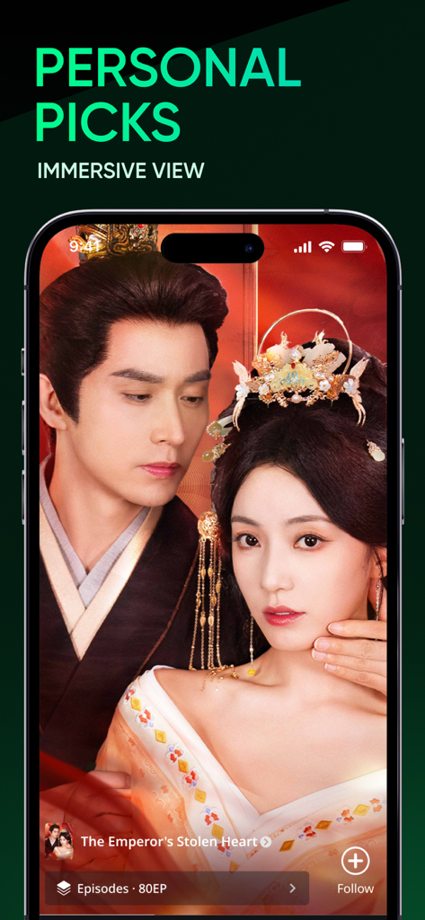 Screenshot of Reelala app showing a romantic scene from a short drama titled The Emperor's Stolen Heart