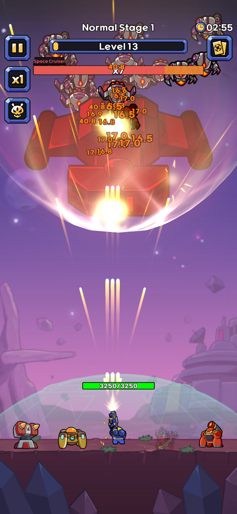 Bunker Defense: 100M Survival - Gameplay of Bunker Defense showing units defending against a large red Space Cruiser boss.