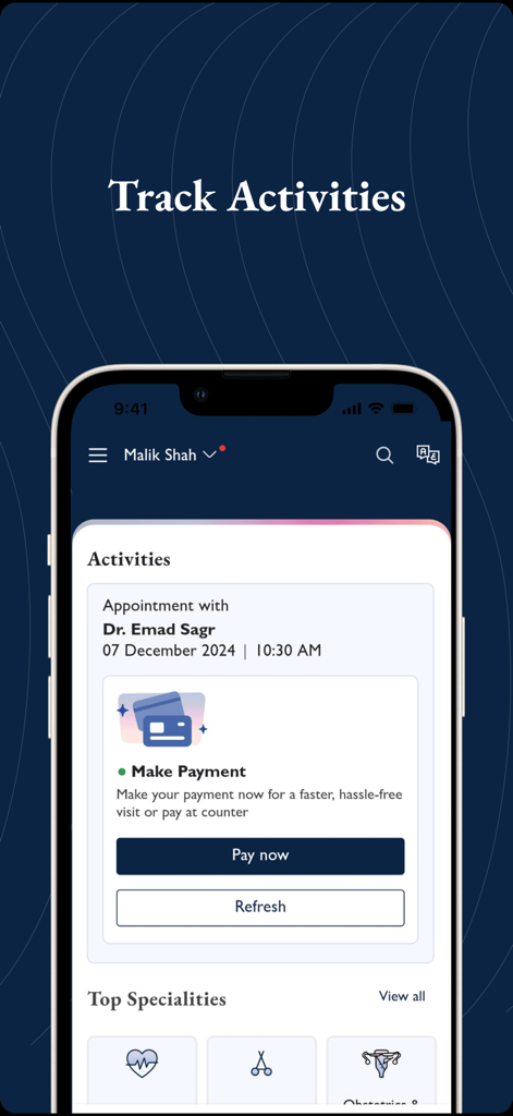 Captura de tela do aplicativo King's Hospital Jeddah mostrando a tela de Rastrear Atividades com uma consulta agendada e opção de pagamento