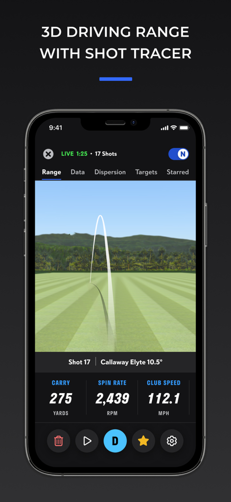 Full Swing - Full Swing App Oberfläche mit 3D-Golfschlag-Tracer und Leistungskennzahlen wie Carry und Spin Rate