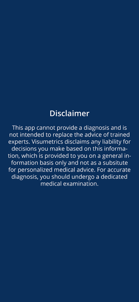 Celego Near Vision Test - Pantalla de aviso legal médico para la aplicación Prueba de Visión de Cerca Celego