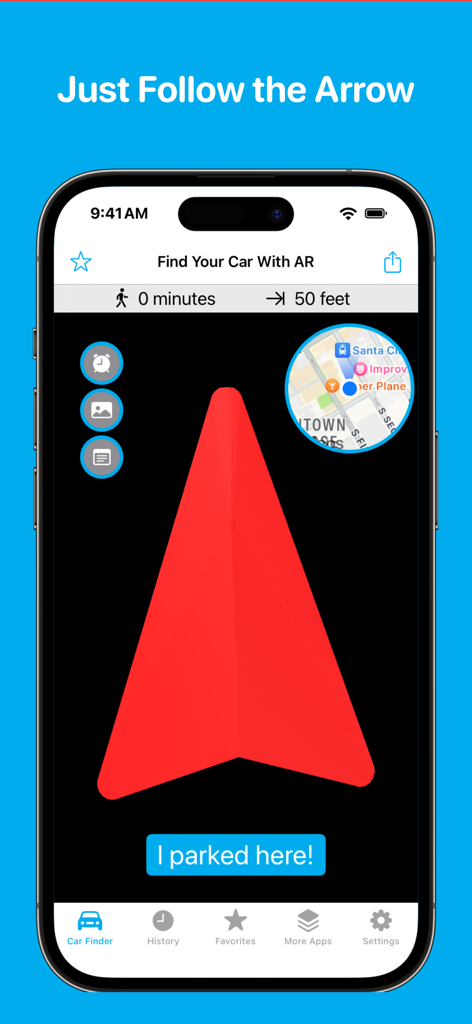 Find Your Car with ARアプリのインターフェイス。車両の場所を示す大きな赤い方向矢印とミニマップが表示されています。
