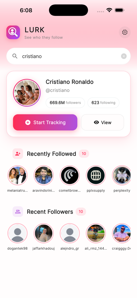Lurk - Recent Follow Tracker - The Lurk app interface showing recent follows and followers for a social media account