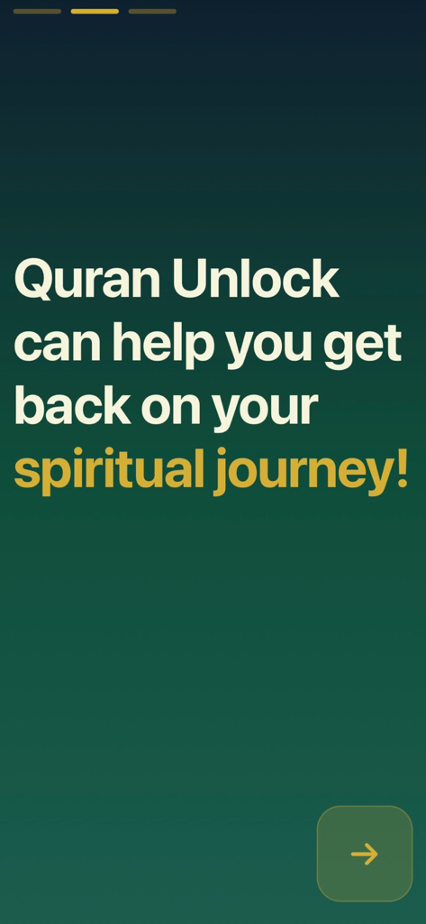 Introductory screen of Quran Unlock app highlighting its role in the user spiritual journey