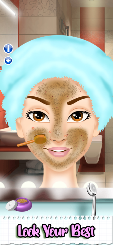 Un personaje de chica recibiendo un tratamiento facial con un pincel en la sala de spa del juego de maquillaje Vuelta al Cole.