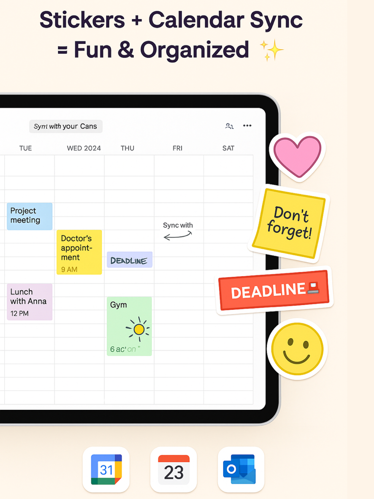 Agenda numérique pour iPad montrant une vue du calendrier hebdomadaire avec des autocollants amusants et des icônes de synchronisation de calendrier pour Google et Outlook.