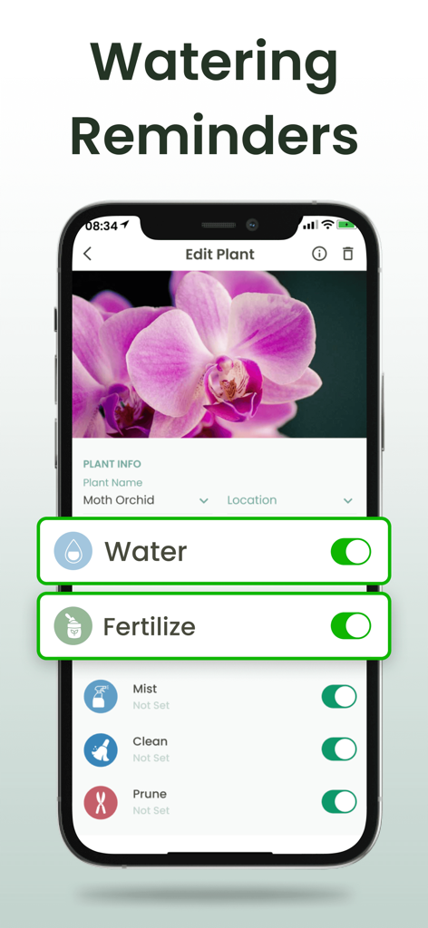 Plant Identifier: Plantiary - Plantiaryアプリのインターフェースが、モカラの植物の水やりと施肥のリマインダーを示しています。