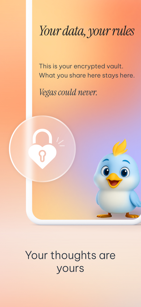 Robyn: Talk, Feel, Grow - Privacy and encryption screen in the Robyn app featuring a heart-shaped lock icon and the blue bird character.