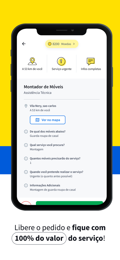 GetNinjas para Profissional - Uma interface de aplicativo móvel mostrando detalhes de uma solicitação de serviço de montagem de móveis no aplicativo GetNinjas para Profissional