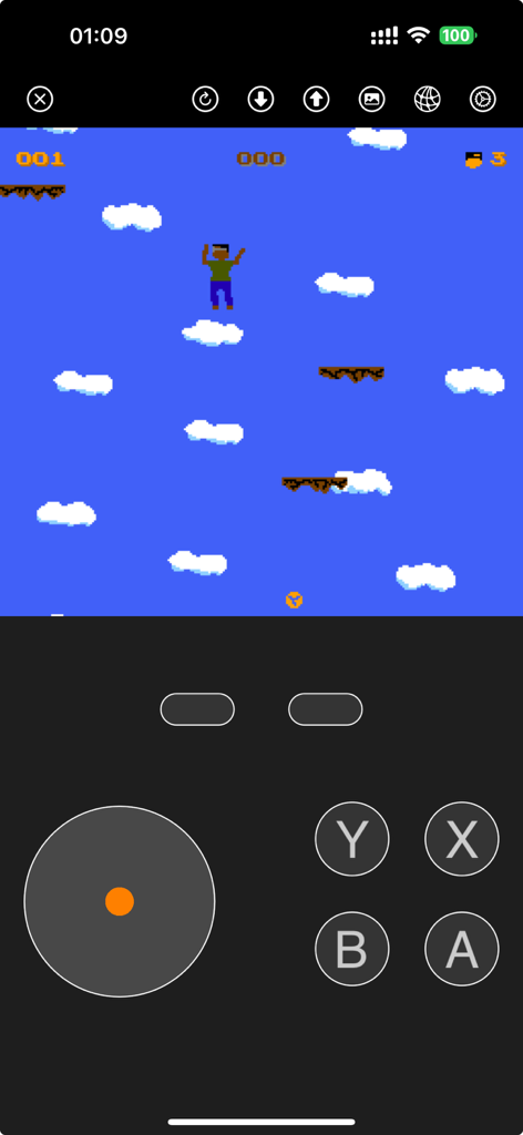 Handheld Game - NES Emulator - Handheld NES emulator interface on iOS showing virtual controls and a classic 8-bit platformer game.