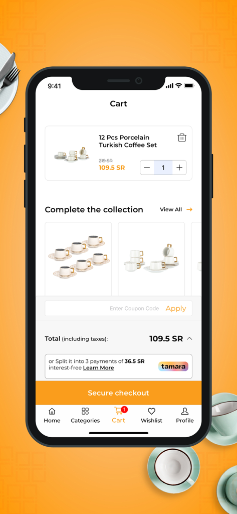 Nice Stores mobile app shopping cart with porcelain coffee set and checkout options