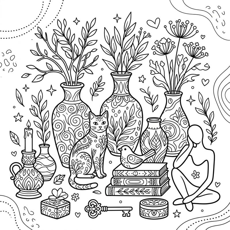 Immerse yourself in a beautifully detailed world of decorative accents, perfect for a relaxing coloring experience. This page, crafted specifically for seniors, features elegant vases, charming figures, and intricate patterns designed for comfortable and engaging coloring.