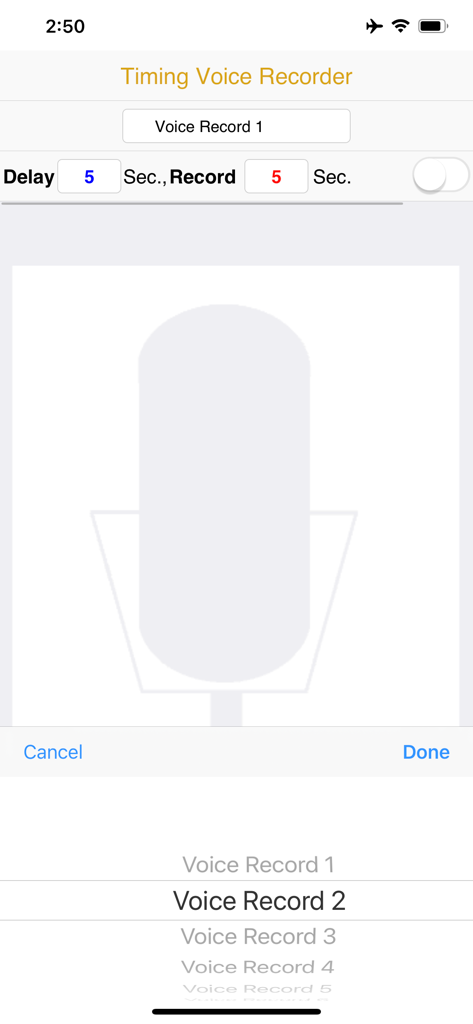 Timing Voice Recorder - Interface for setting delay and duration for a timed voice recording on iPhone