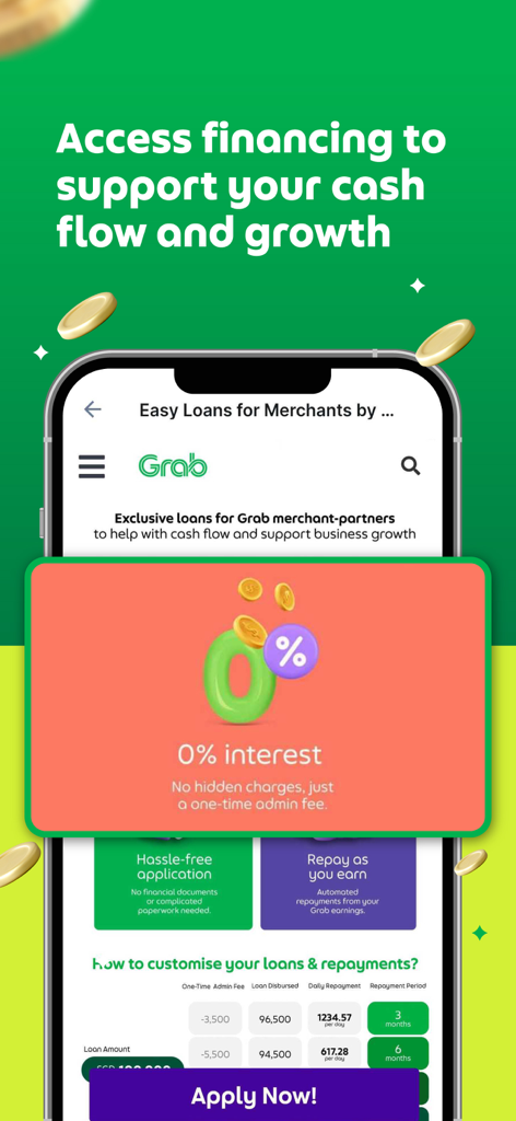 GrabMerchant app screen promoting zero percent interest business loans for merchant partners to support cash flow and growth.