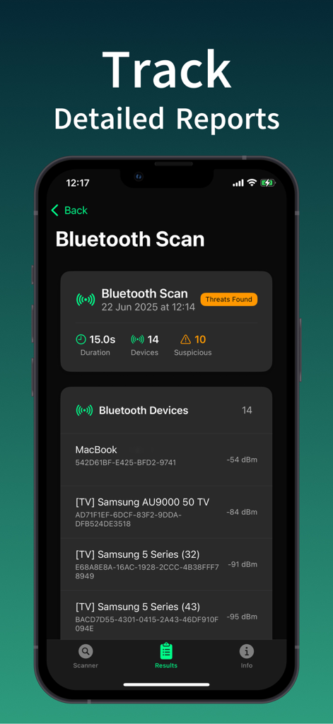 WiFi & Bluetooth Devices Scan - Detailed Bluetooth scan results showing detected devices and suspicious threats.