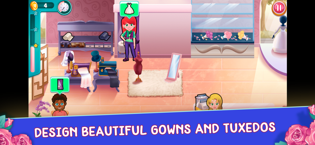 Wedding Dash: Dress-Up Games - A bridal salon interior in the Wedding Dash dress up game with a fashion designer character