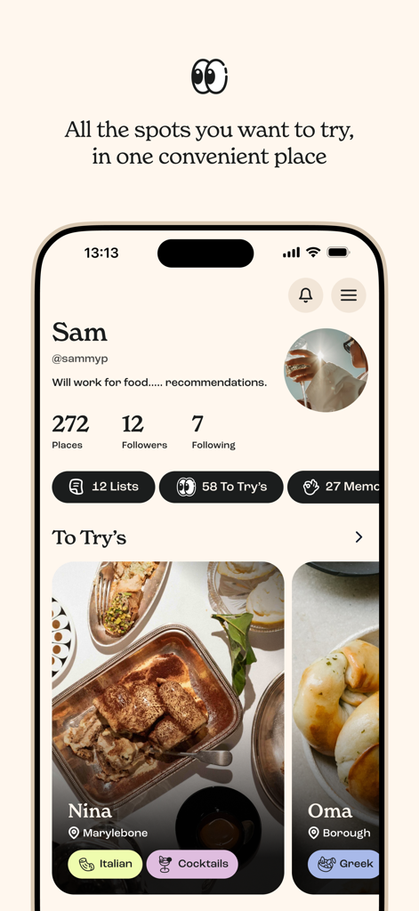 Appetite: Restaurant Tracking - User profile screen in the Appetite app showing restaurant lists and a wish list of places to try