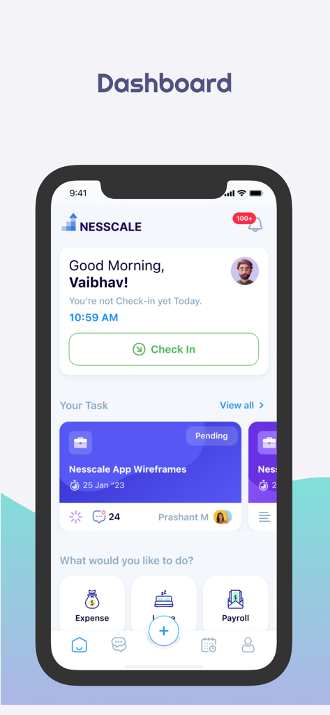ESS App Dashboard mit Button zum Mitarbeiter-Check-in, anstehenden Aufgaben und schnellem Zugriff auf Ausgaben und Gehaltsabrechnungen