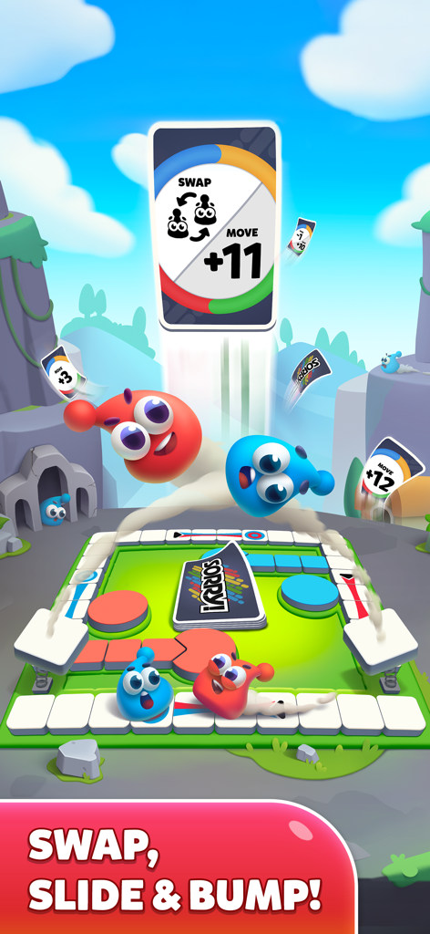 「ソーリー！ワールド」の3Dカラフルなコマが仮想ボードゲームをジャンプし、ゲームカードが配置されている様子