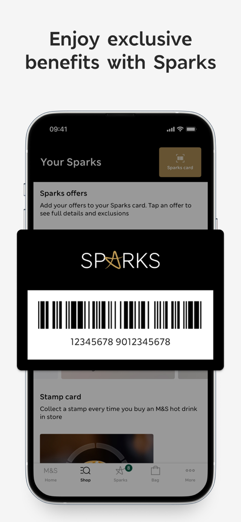 M&S - Fashion, Food & Homeware - Digital Sparks loyalty card with barcode displayed in the Marks and Spencer app