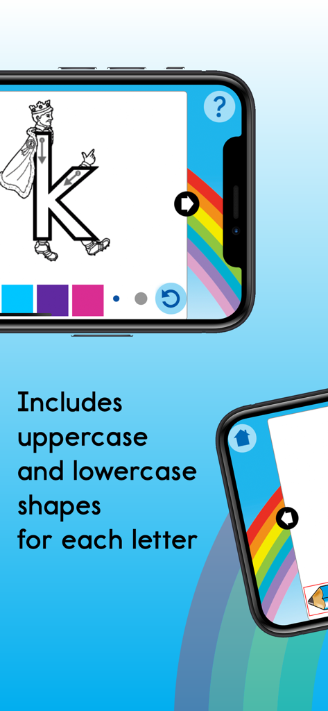 Trazando una letra mayúscula en la aplicación Letterland Rainbow Writing usando flechas guiadas