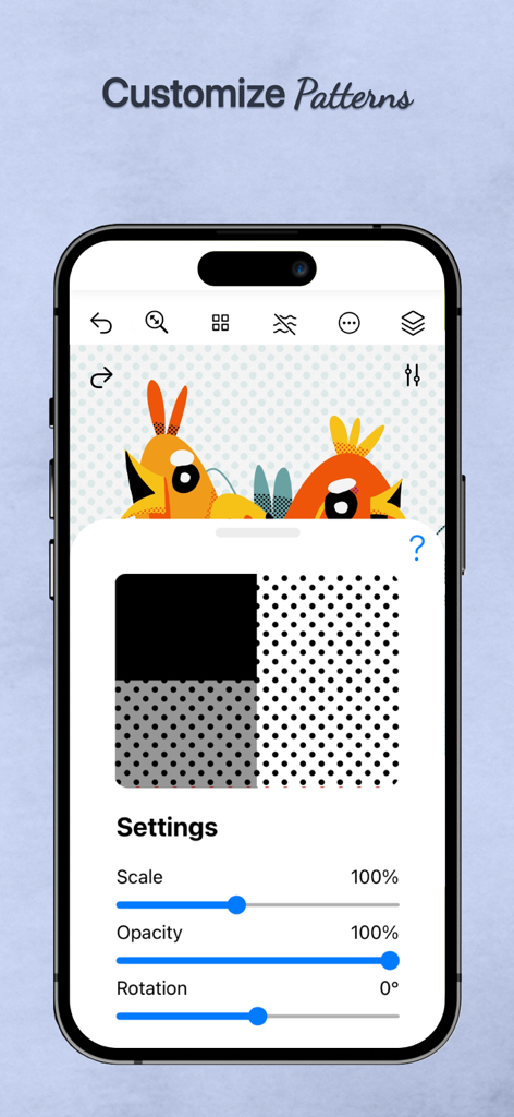 デジタル鳥のイラストの上に、スケール、不透明度、回転のカスタムパターン設定を表示しているTayasui Watercolorアプリ