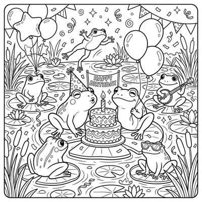 Join a lively group of wetland frogs as they celebrate a very special birthday, complete with cake, balloons, and joyful croaks. This engaging coloring page captures the festive spirit of a pond party, perfect for creative hands of all ages.