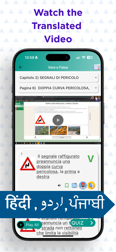 Quiz Patente Multilingua 2026 - Una pantalla de teléfono móvil que muestra un tutorial en vídeo y un cuestionario teórico para el carnet de conducir italiano en varios idiomas, incluidos punjabi y urdu.