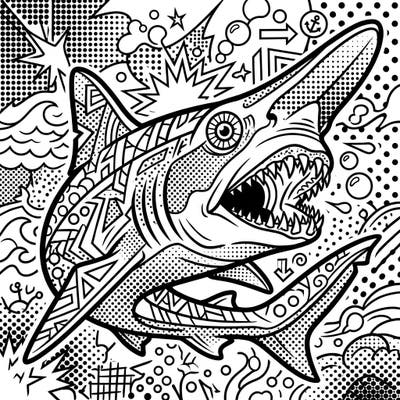 Explore the depths with this fierce Goblin Shark coloring page, stylized with vibrant Pop Art elements. Its bold outlines, halftone patterns, and dynamic composition promise an exciting and creative coloring experience.