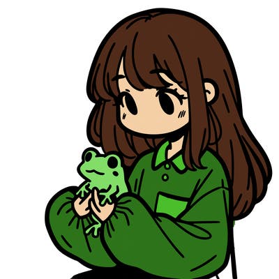 girl with long hair and a oversized shirt. and she is holding a frog