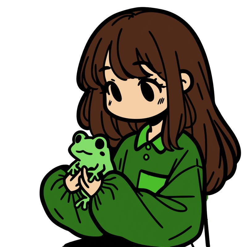 girl with long hair and a oversized shirt. and she is holding a frog