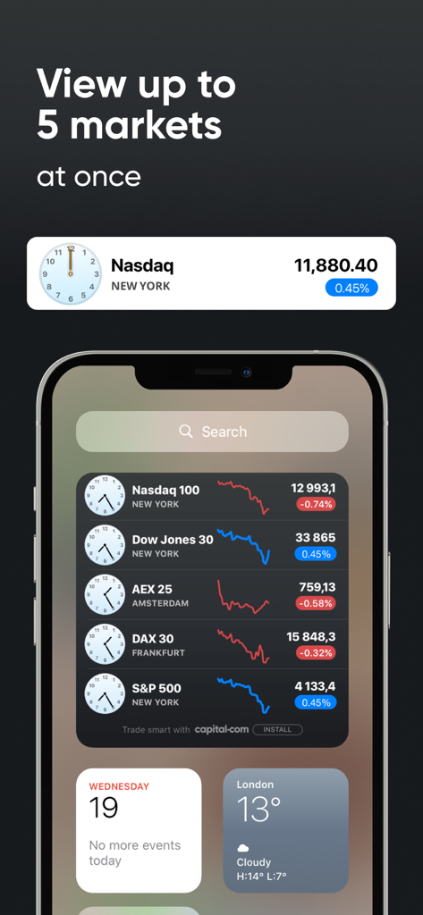 Widget de trading de Capital.com que muestra cinco mercados globales en la pantalla de un iPhone