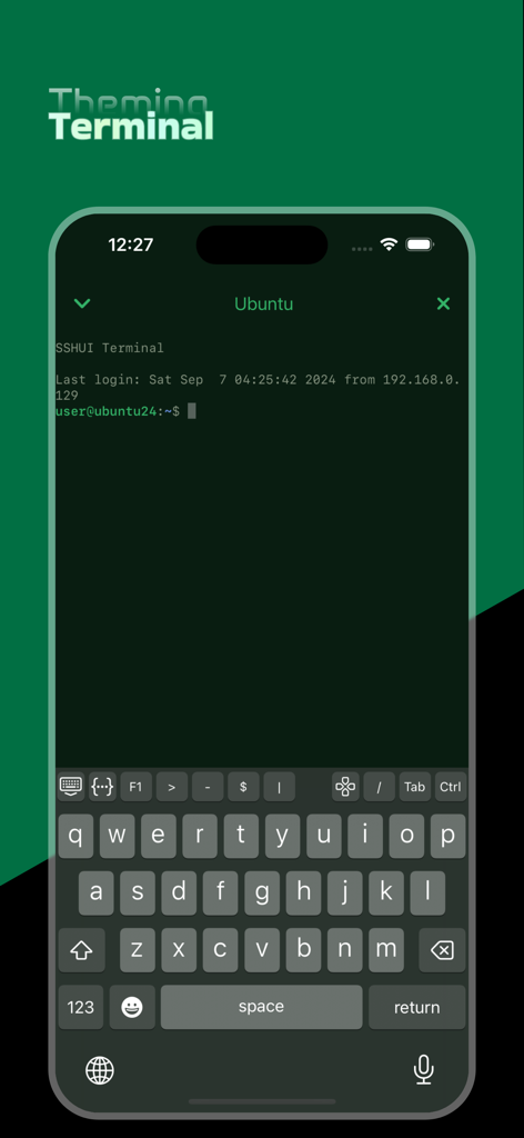 SSHUI - SSH Client & Terminal - iPhone上のSSHUIターミナルアプリのインターフェース。アクティブなUbuntuセッションと特殊な開発者キーボードが表示されています。