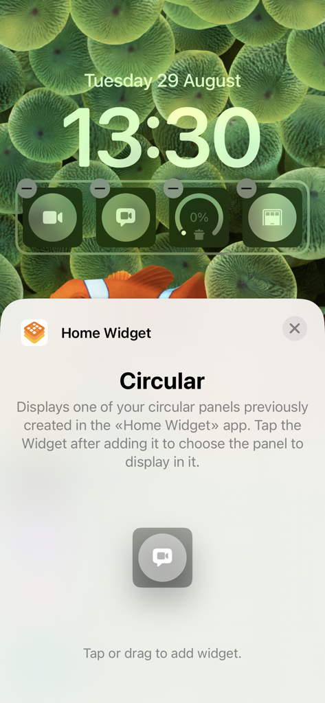 Home Widget - for HomeKit - iOS lock screen interface showing custom circular widgets for controlling HomeKit smart home devices like cameras and garage doors