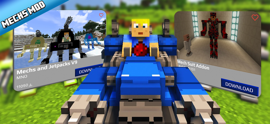 Cars Addon for Minecraft - Un'anteprima degli addon di mech e jetpack per Minecraft con una grande tuta robotica blu e vari pacchetti mod scaricabili.