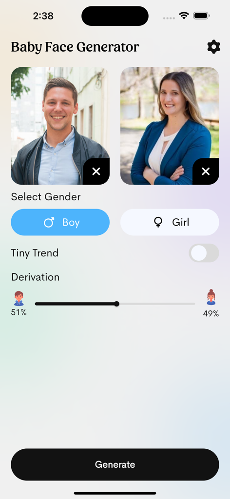 Baby Predictor - Future Face - Interface de l'application Baby Predictor montrant des photos de deux parents avec des options pour sélectionner le sexe du bébé et ajuster la dérivation des traits