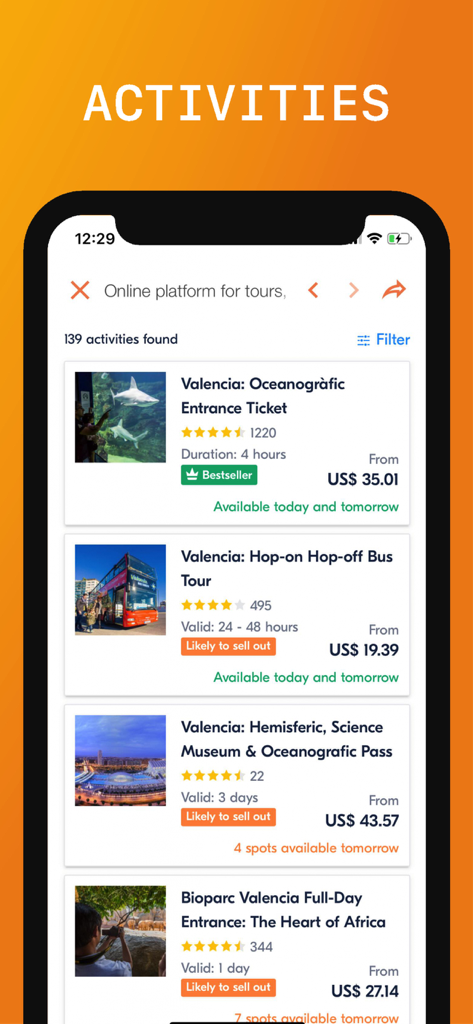 Valencia Travel Guide . - 현지 투어 및 명소 티켓 목록을 보여주는 발렌시아 여행 가이드 앱 스크린샷