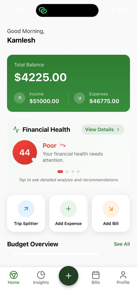 Budget Buddy: Save & Track - Budget Buddy app home screen displaying total balance and financial health analysis.